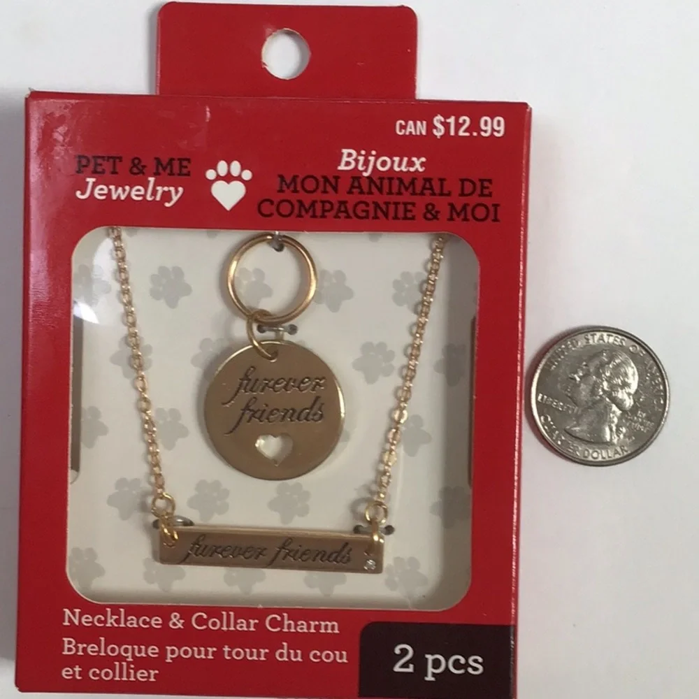 Furever Friends Gold Tone Necklace &‎ Pet  Collar Charm Set NWT